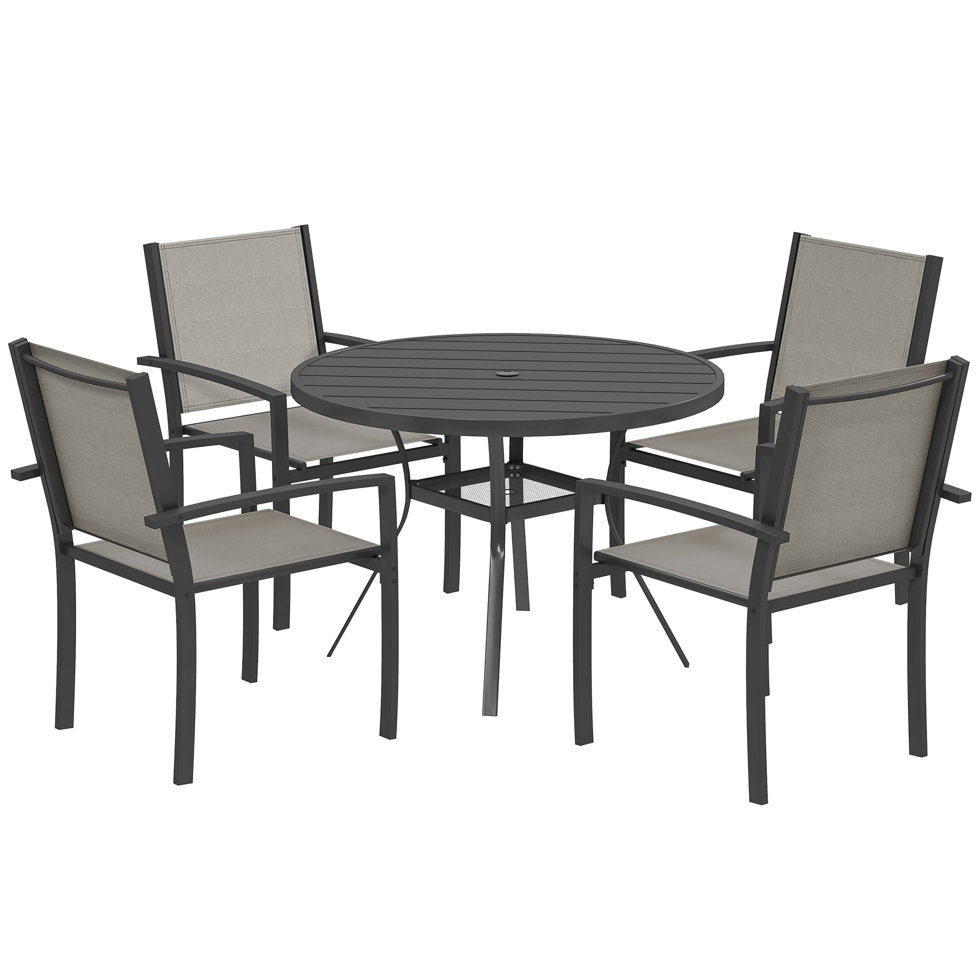 Photo of Outsunny 5 Piece Garden Furniture Set, Garden Dining Set with Round Table and 4 Stackable Chairs, Steel Frame, for Outdoor, Patio, Terraces, Dark Grey in Grey colour on a white background