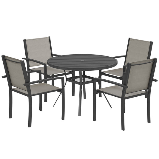 Photo of Outsunny 5 Piece Garden Furniture Set, Garden Dining Set with Round Table and 4 Stackable Chairs, Steel Frame, for Outdoor, Patio, Terraces, Dark Grey in Grey colour on a white background