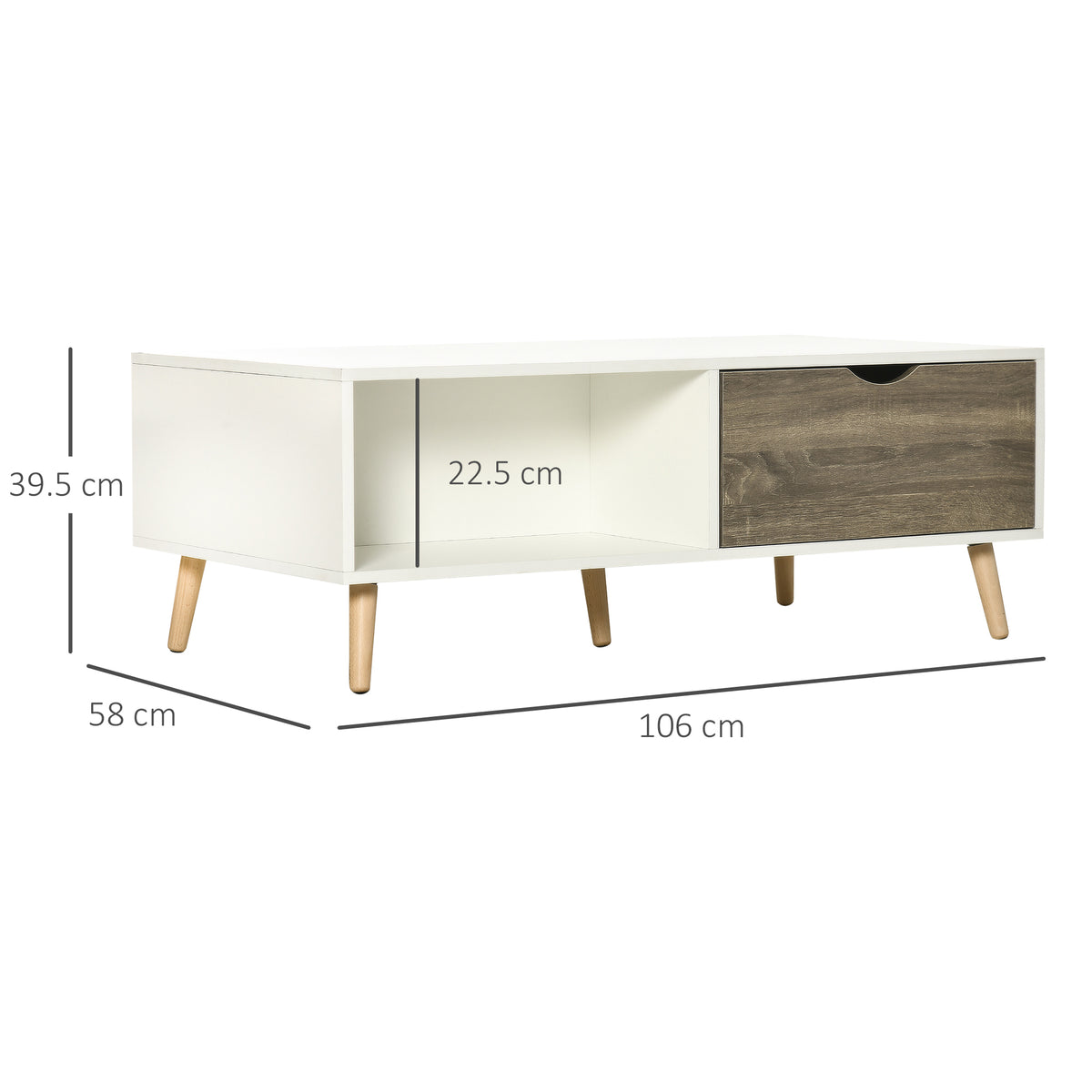 White coffee table with an open shelf, wood-front drawer, and angled wood legs; 106 cm wide