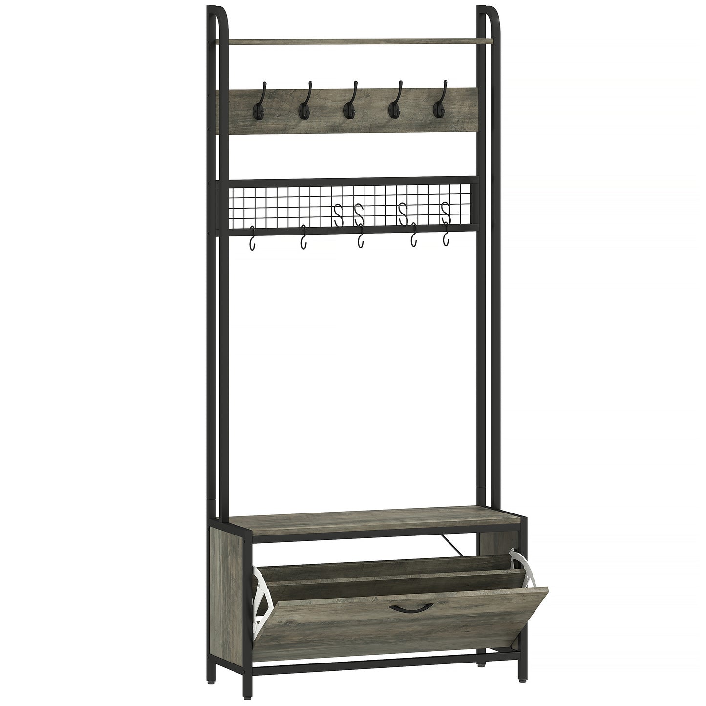 Photo of HOMCOM 5-In-1 Industrial-Style Hallway Tree - Grey/Black in Grey/Black colour on a white background