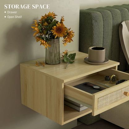 Wood-effect bedside table with open drawer, rattan front, and lower shelf