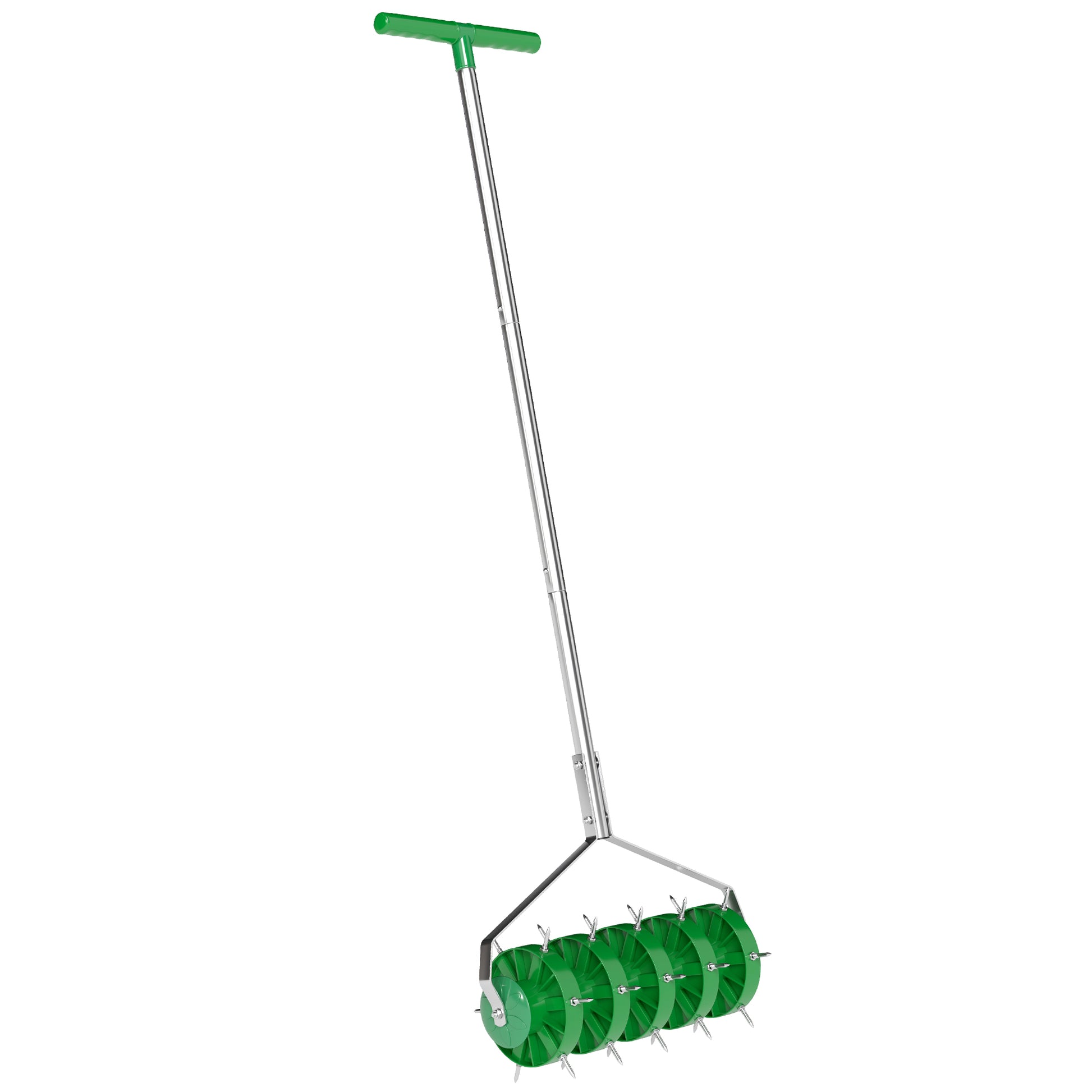 Photo of Outsunny Rolling Lawn Aerator, Manual Grass Spike Roller, Heavy Duty Garden Aerator with 3 Piece Detachable Handle and T-bar Grip, Outdoor Garden Lawn Tool, Dark Green in Green colour on a white background