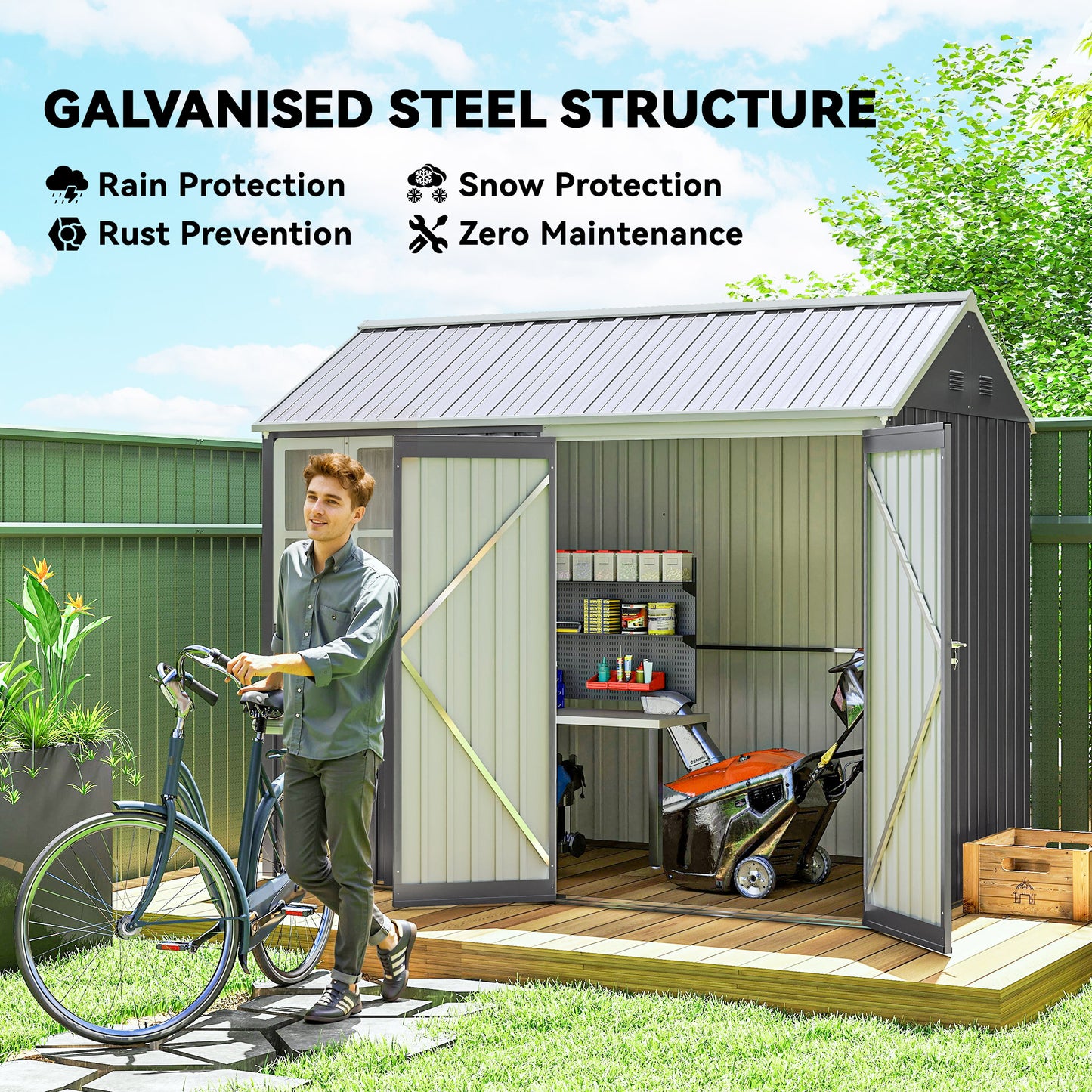 Outsunny 8 x 6 ft Galvanised Garden Shed, Outsoor Metal Storage Shed with Double Doors Window Air Vents, Grey