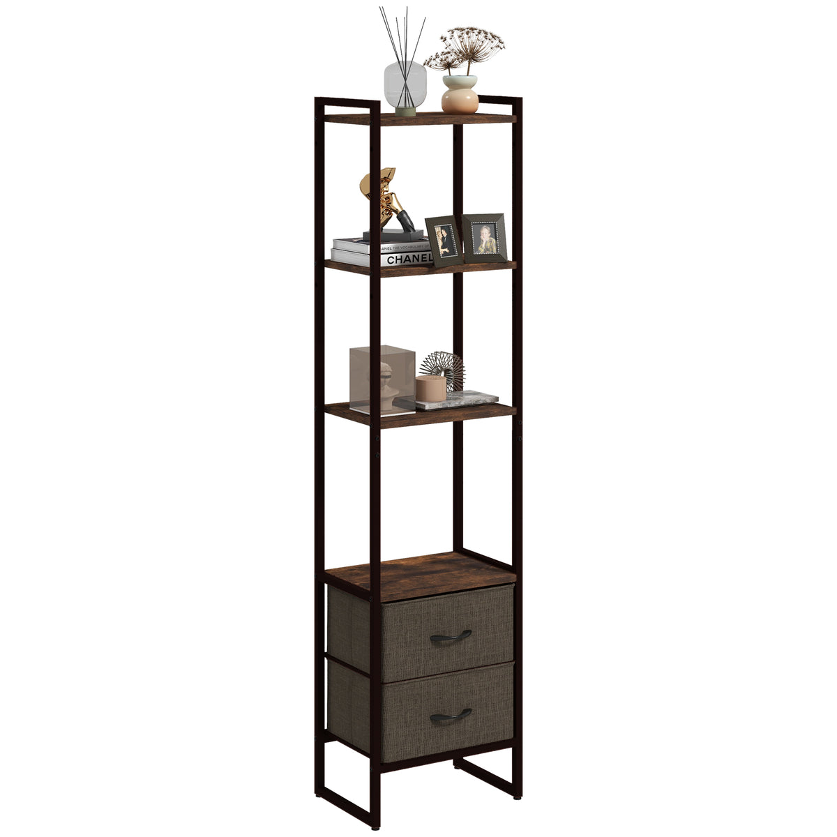 Photo of HOMCOM Four-Tier Industrial Display Shelf, with Bottom Drawers in Drawers colour on a white background