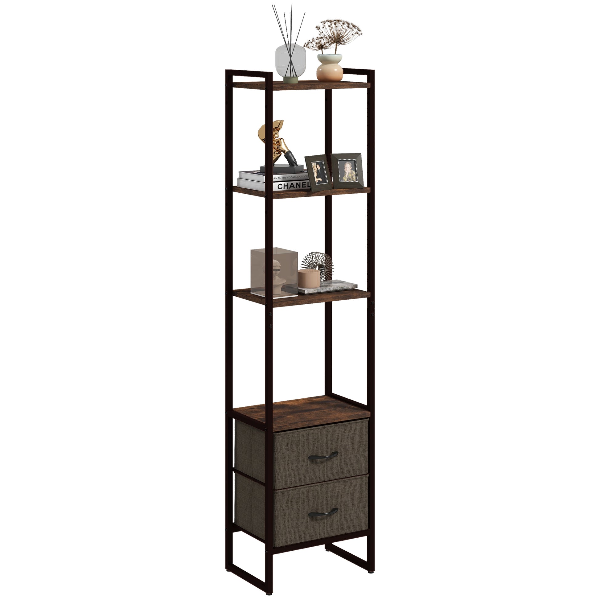 Photo of HOMCOM Four-Tier Industrial Display Shelf, with Bottom Drawers in Drawers colour on a white background