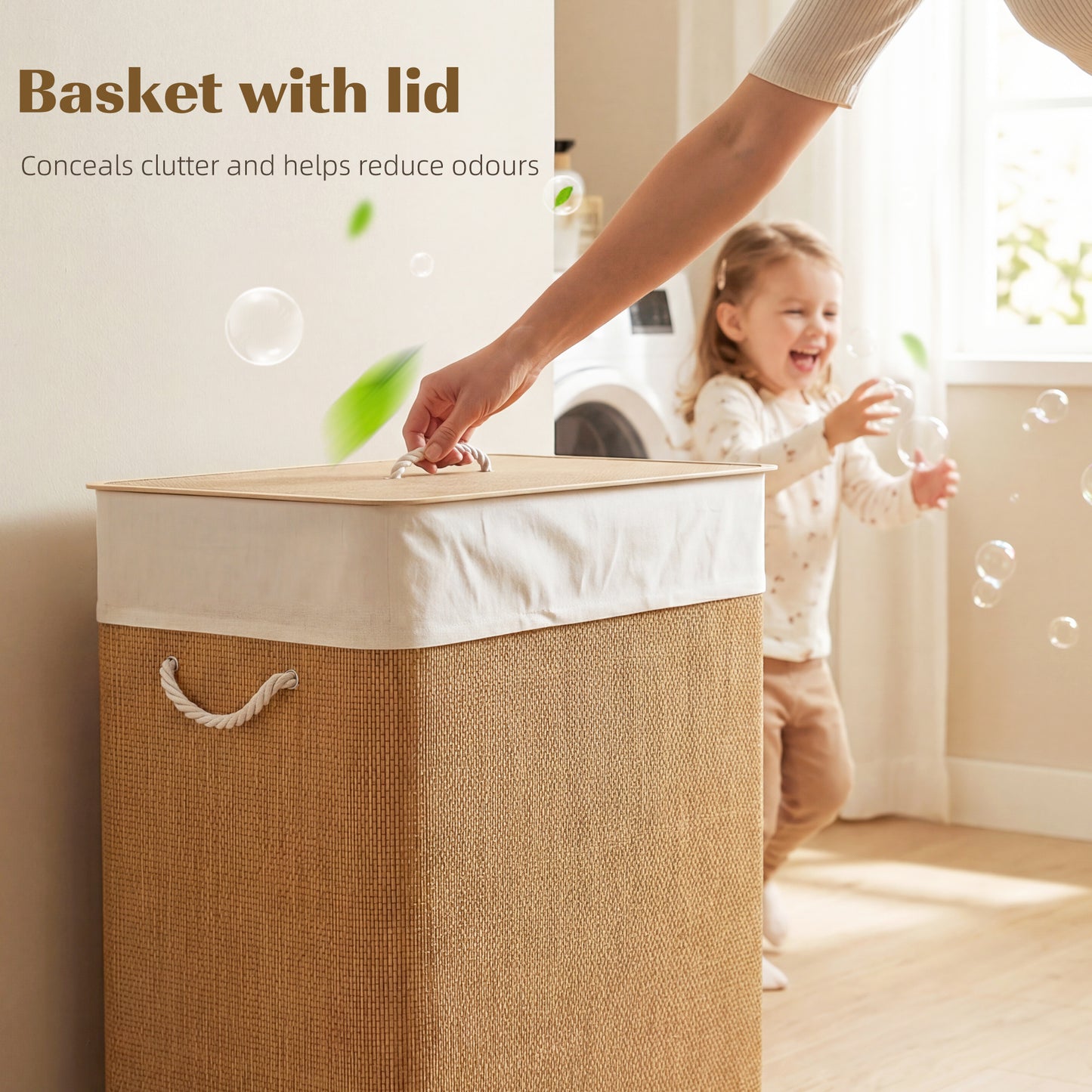 HOMCOM 2 Section Laundry Basket with Lid, 100L Bamboo Laundry Hamper with Handles, Removable and Washable Liner, Brown