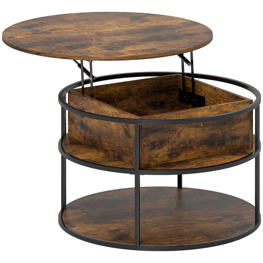 Photo of HOMCOM Lift Top Coffee Table, Round Coffee Table with Storage Shelf, Hidden Compartment and Steel Frame for Living Room, Home Office, Brown in Brown colour on a white background