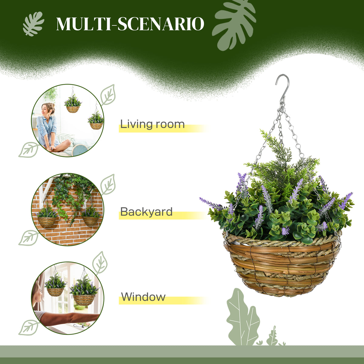 Artificial lavender hanging basket with purple flowers, green foliage, and woven rattan pot