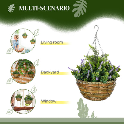 Artificial lavender hanging basket with purple flowers, green foliage, and woven rattan pot