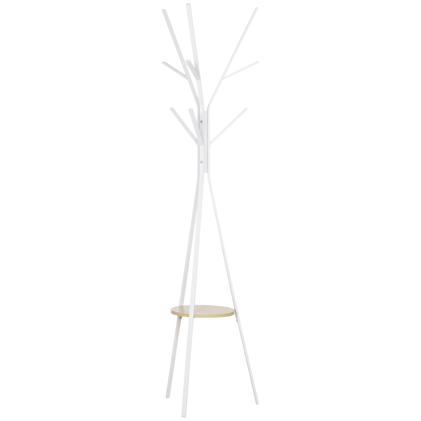 Photo of HOMCOM Freestanding Metal Coat Rack Stand 9 Hooks Clothes Tree with 1 Shelf Hat Display Hall Tree Hanger Bag Umbrella Hanging Organiser White in White colour on a white background