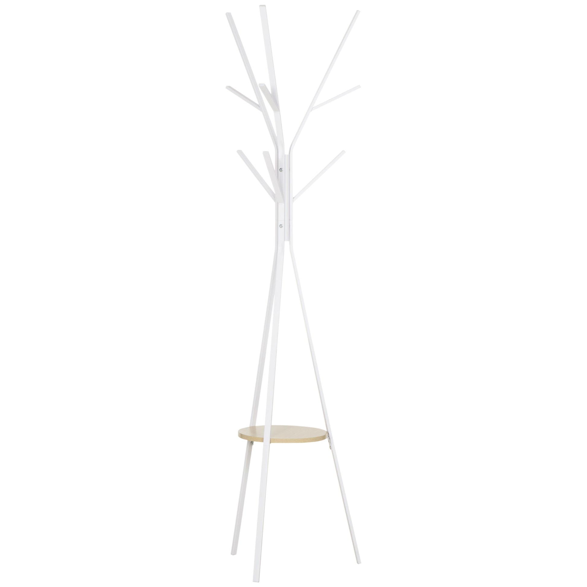 Photo of HOMCOM Freestanding Metal Coat Rack Stand 9 Hooks Clothes Tree with 1 Shelf Hat Display Hall Tree Hanger Bag Umbrella Hanging Organiser White in White colour on a white background