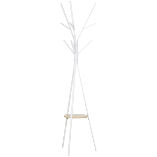 Photo of HOMCOM Freestanding Metal Coat Rack Stand 9 Hooks Clothes Tree with 1 Shelf Hat Display Hall Tree Hanger Bag Umbrella Hanging Organiser White in White colour on a white background