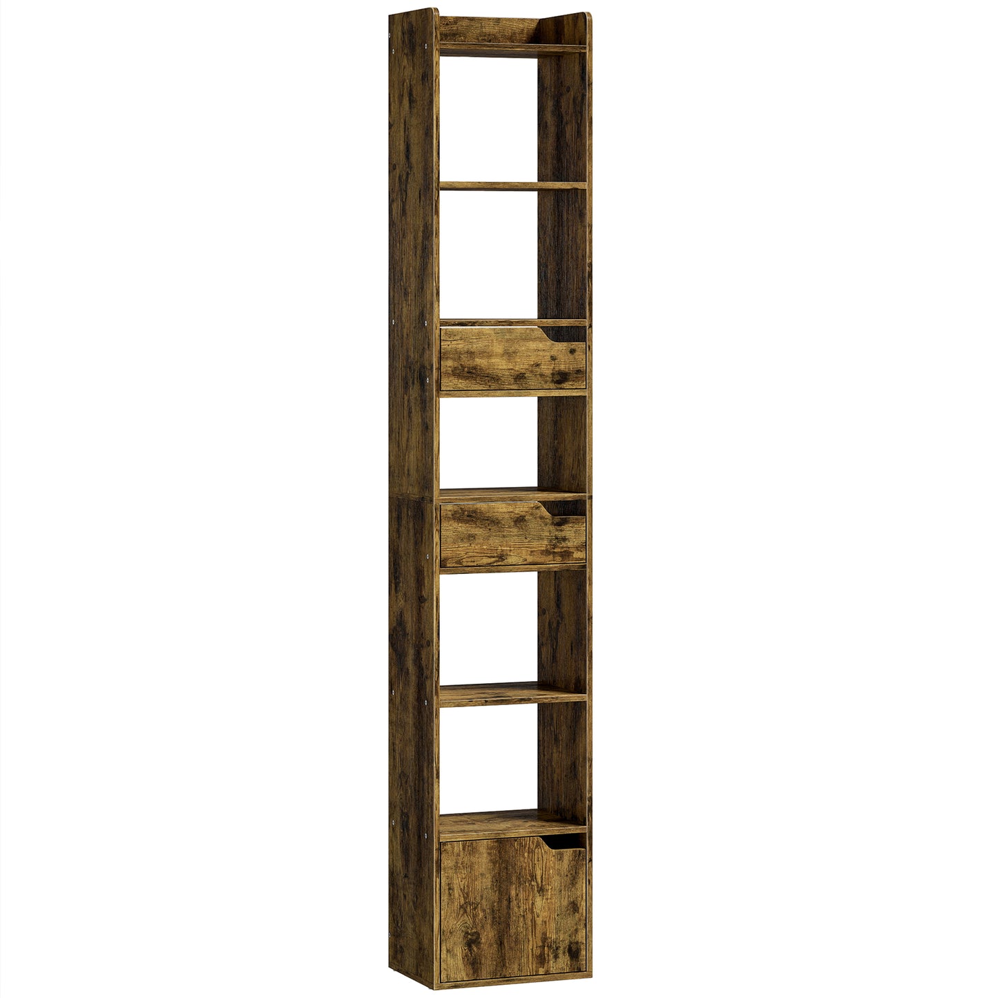 Photo of HOMCOM Bookcase Tall Narrow with 5 Tiers and Drawers Freestanding Bookshelf Storage Cabinet for Living Room Rustic Brown in Brown colour on a white background