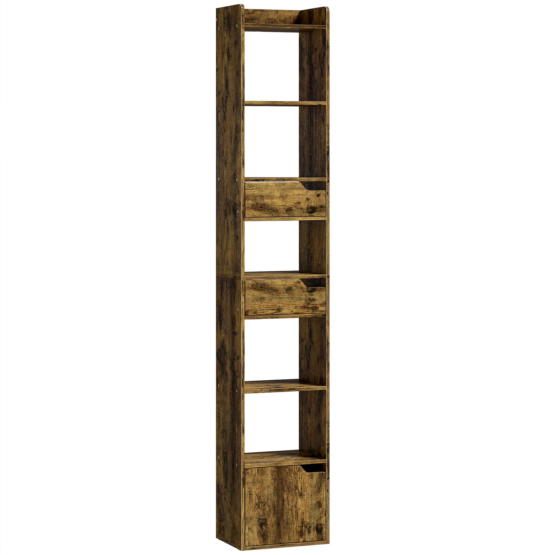 Photo of HOMCOM Bookcase Tall Narrow with 5 Tiers and Drawers Freestanding Bookshelf Storage Cabinet for Living Room Rustic Brown in Brown colour on a white background