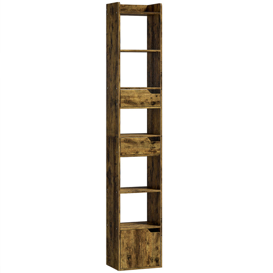 Photo of HOMCOM Bookcase Tall Narrow with 5 Tiers and Drawers Freestanding Bookshelf Storage Cabinet for Living Room Rustic Brown in Brown colour on a white background