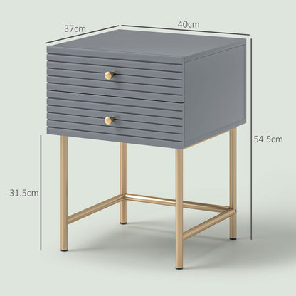 Grey HOMCOM bedside table with two ribbed drawers, gold-tone legs, and 40 by 37 cm top