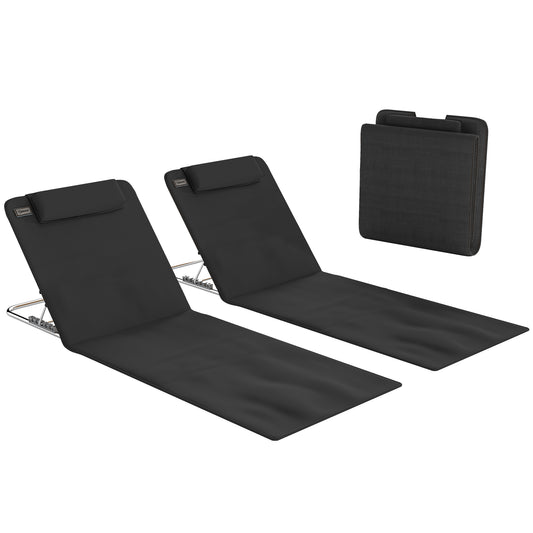 Photo of Outsunny Set of 2 Foldable Garden Beach Chair Mat Lightweight Outdoor Sun Lounger Seats Adjustable Back Metal Frame PE Fabric Head Pillow w/ Carry Bag, Black in Black colour on a white background