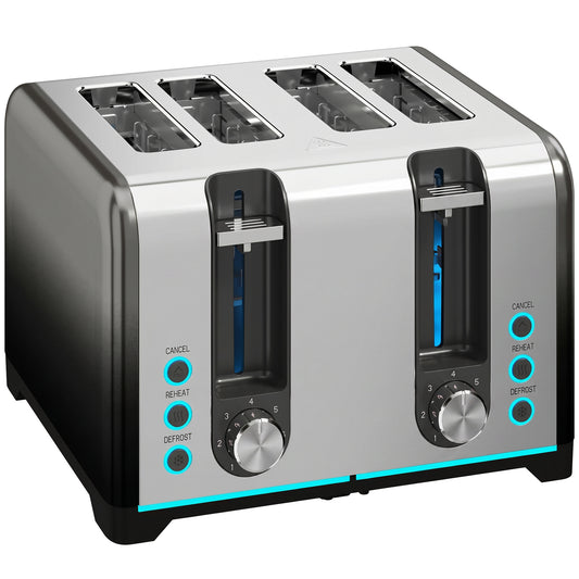 Photo of HOMCOM 4 Slice Toaster with 7 Browning Levels, Reheat, Defrost and Cancel Functions in Functions colour on a white background