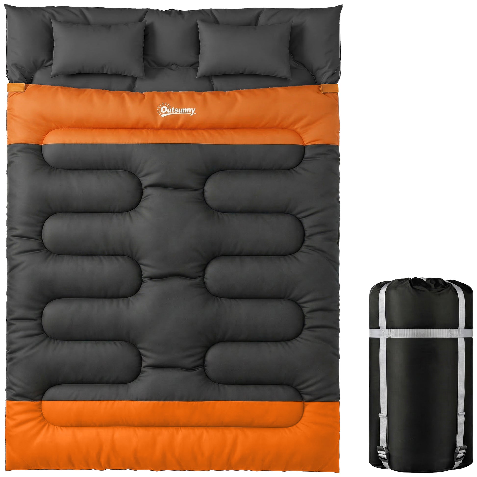 Photo of Outsunny Double Sleeping Bag with 2 Pillows, 220 x 160 cm Extra-Large Sleeping Bag for Adults, Grey and Orange in Orange colour on a white background