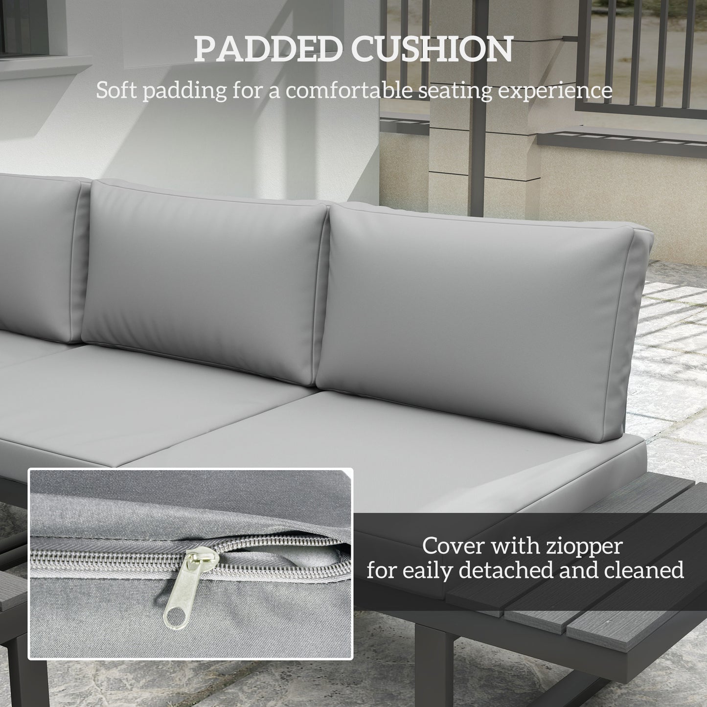 Outsunny 4 Pieces Garden Furniture Set, 5-Level Reclining Garden Corner Sofa Set, Outdoor Lounge Conversation Sectional with Cushions, Wood Effect Plastic Table, Black Frame & Light Grey Cushion