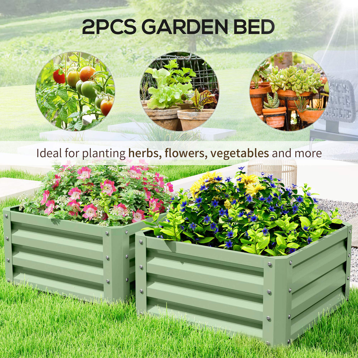 Pair of light green steel garden beds planted with flowers and vegetables