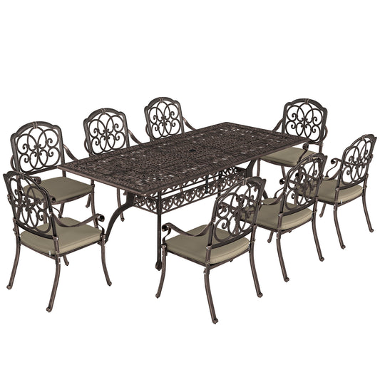 Photo of Outsunny 9 Piece Cast Aluminium Garden Dining Set, Garden Table and Chairs Set with Cushions, Parasol Hole for Patio, Bronze Tone in Tone colour on a white background