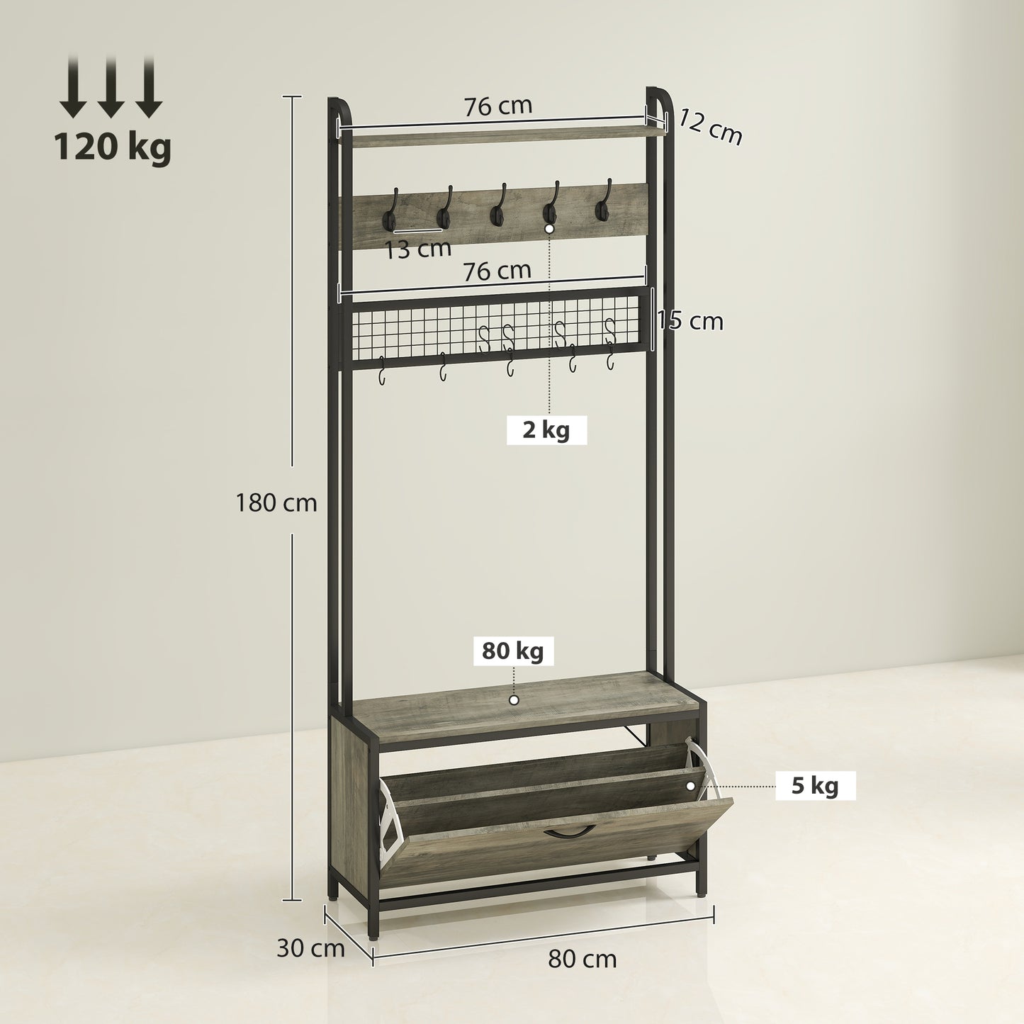 HOMCOM 5-In-1 Industrial-Style Hallway Tree - Grey/Black