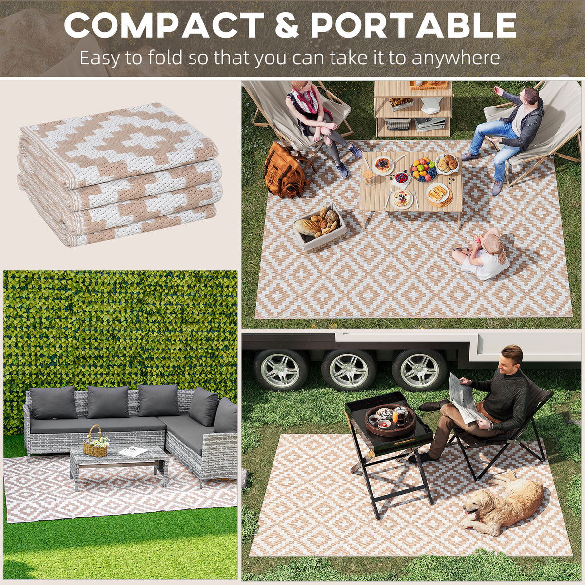 Outsunny Outdoor Rug Reversible Mat Plastic Straw Rug Portable RV Camping Mat for Garden Deck Picnic Indoor, 182 x 274 cm (6 x 9 ft), Coffee & White