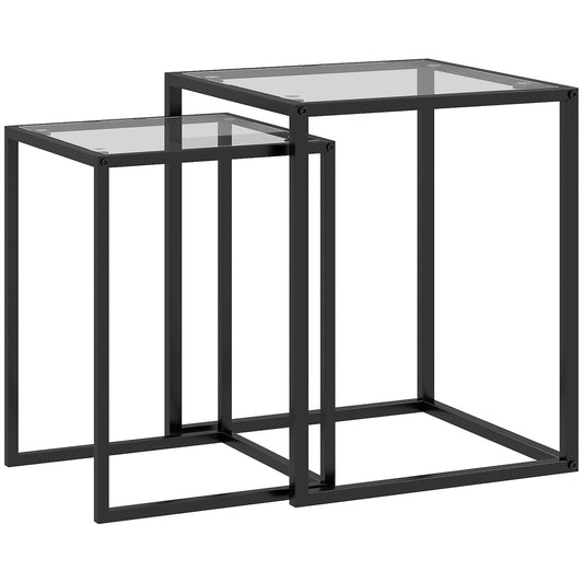 Photo of HOMCOM Nesting Tables Set of 2, Side End Table with Tempered Glass Top and Steel Frame for Living Room, Bedroom, Black in Black colour on a white background