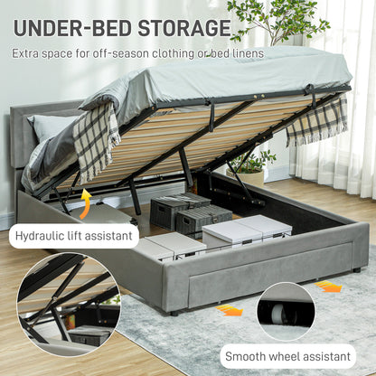 Gray ottoman bed with raised slatted base, hydraulic lift and under-bed storage