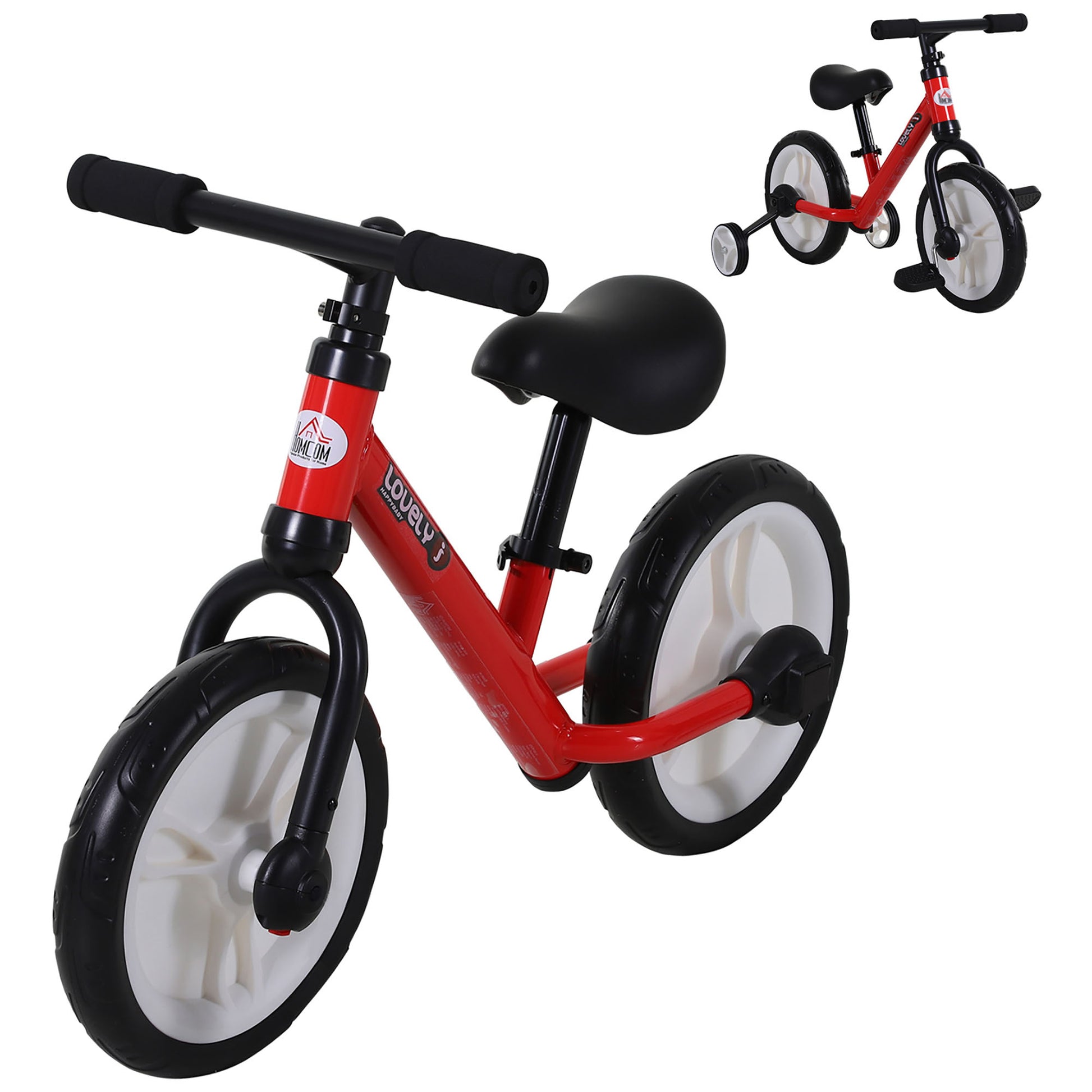Photo of HOMCOM 11 Inch Kids Balance Bike Training Pedal Bicycle W/ Removable Stabilizers EVA Tyres Adjustable Seat Height 2 to 5 Years Gift for Boys Girls Red in Red colour on a white background