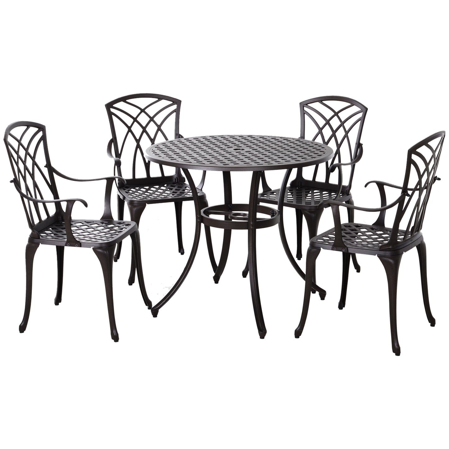 Photo of Outsunny 5 Pieces Garden Dining Set for 4, Cast Aluminium Outdoor Dining Set with 4 Armchairs and Round Dining Table with Parasol Hole, Garden Furniture Bistro Set, Brown in Brown colour on a white background