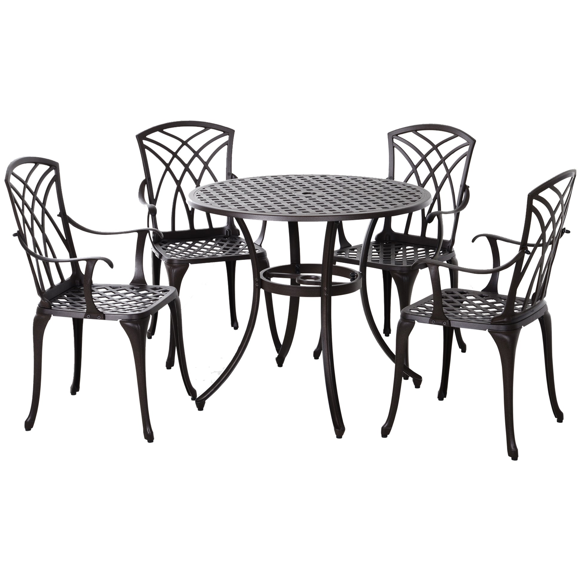 Photo of Outsunny 5 Pieces Garden Dining Set for 4, Cast Aluminium Outdoor Dining Set with 4 Armchairs and Round Dining Table with Parasol Hole, Garden Furniture Bistro Set, Brown in Brown colour on a white background
