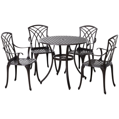 Outsunny five-piece garden dining set with round table and four lattice-back armchairs