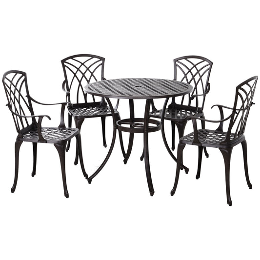 Photo of Outsunny 5 Pieces Garden Dining Set for 4, Cast Aluminium Outdoor Dining Set with 4 Armchairs and Round Dining Table with Parasol Hole, Garden Furniture Bistro Set, Brown in Brown colour on a white background