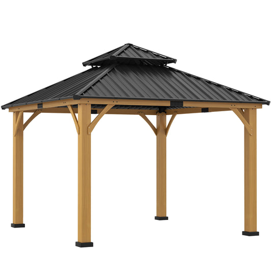 Photo of Outsunny 3.5 x 3.5m Outdoor Hardtop Gazebo Canopy with Two-tier Metal Roof and Solid Wood Frame Outdoor Patio Shelter for Patio, Garden, Black in Black colour on a white background