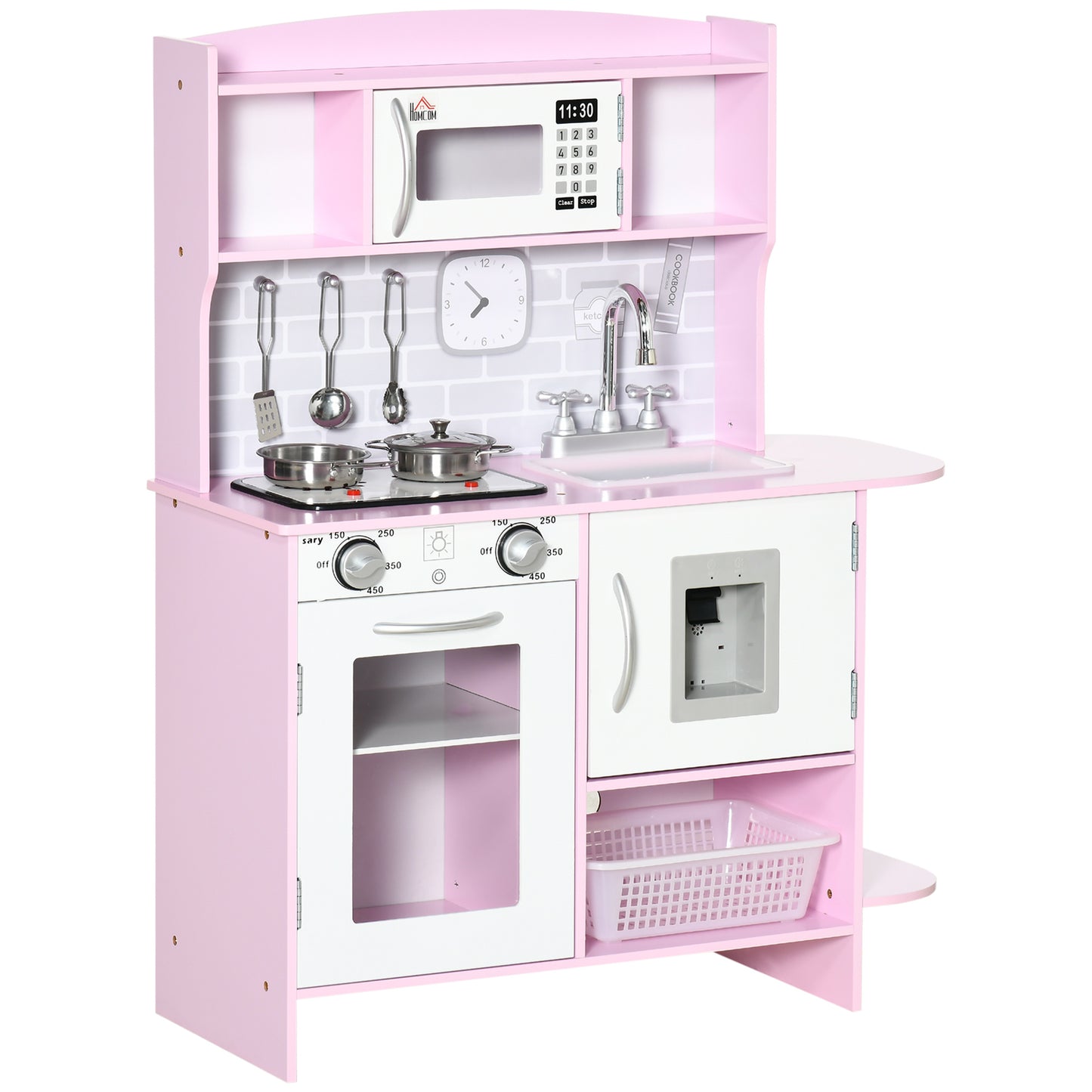 Photo of HOMCOM Kids Kitchen Playset, with Lights, Sounds, Microwave, Sink and Storage - Pink in Pink colour on a white background