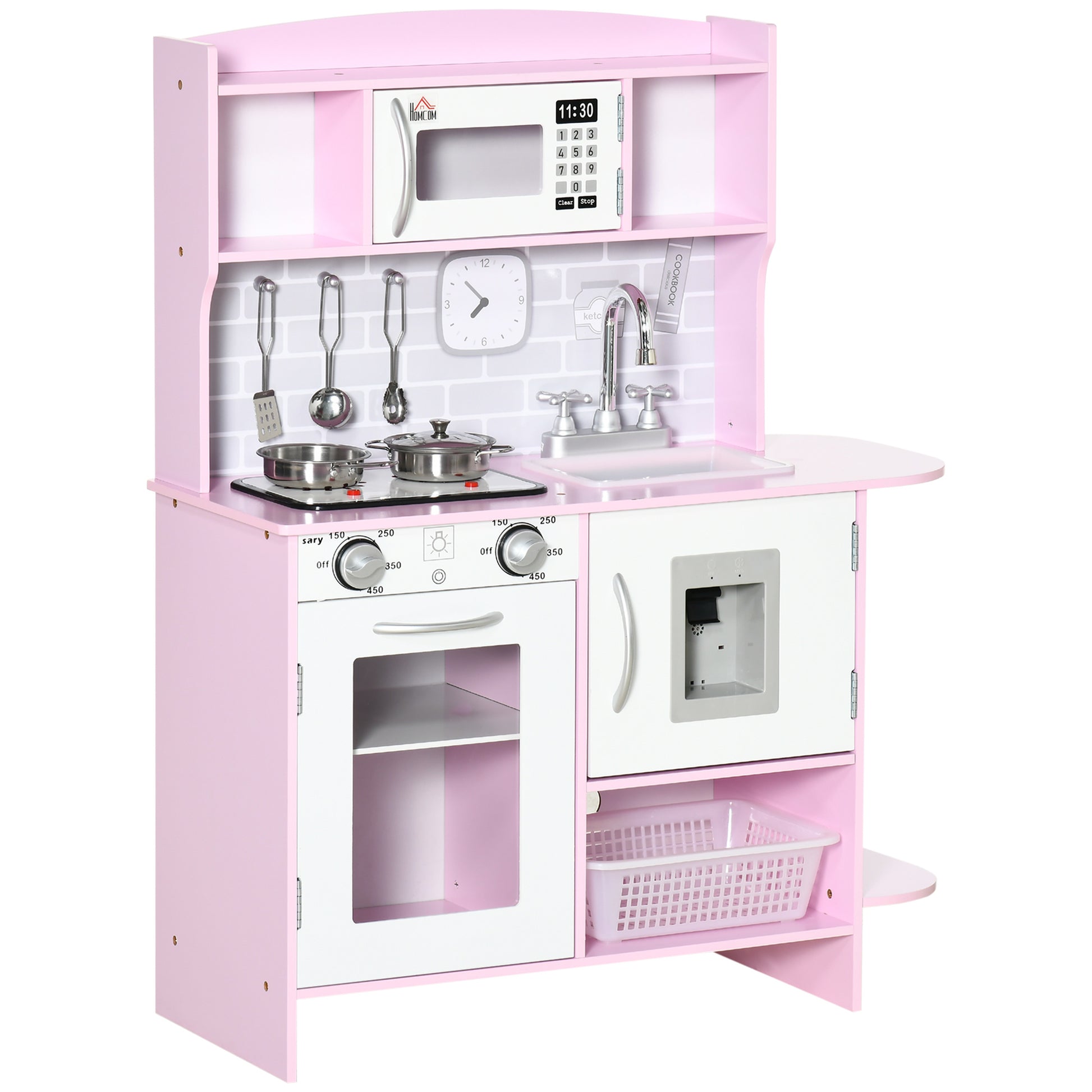 Photo of HOMCOM Kids Kitchen Playset, with Lights, Sounds, Microwave, Sink and Storage - Pink in Pink colour on a white background