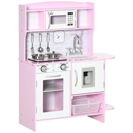Photo of HOMCOM Kids Kitchen Playset, with Lights, Sounds, Microwave, Sink and Storage - Pink in Pink colour on a white background