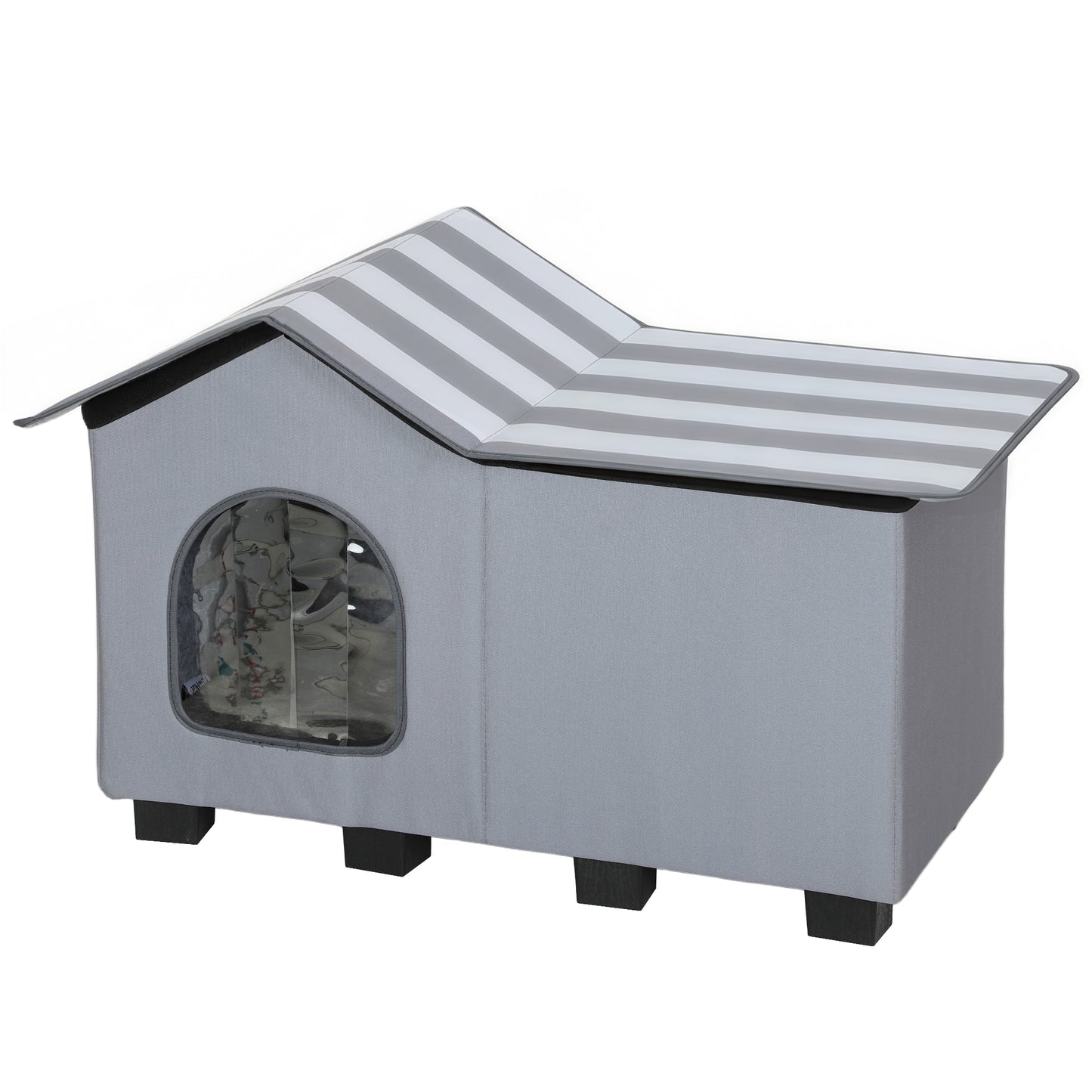 Photo of PawHut Outdoor Cat House, Weather Resistant Feral Cat Cave with Elevated Base and Cushion for Winter, Grey in Grey colour on a white background