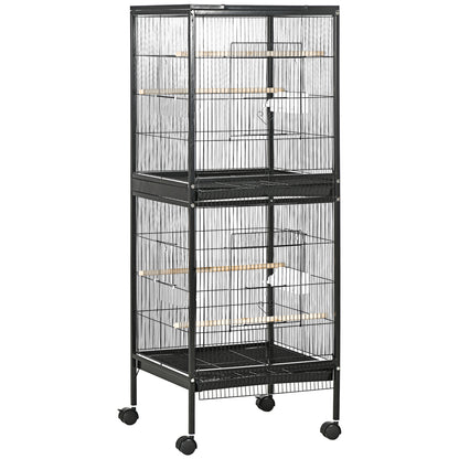 Tall black two-section bird cage on caster wheels, with perches and front doors.