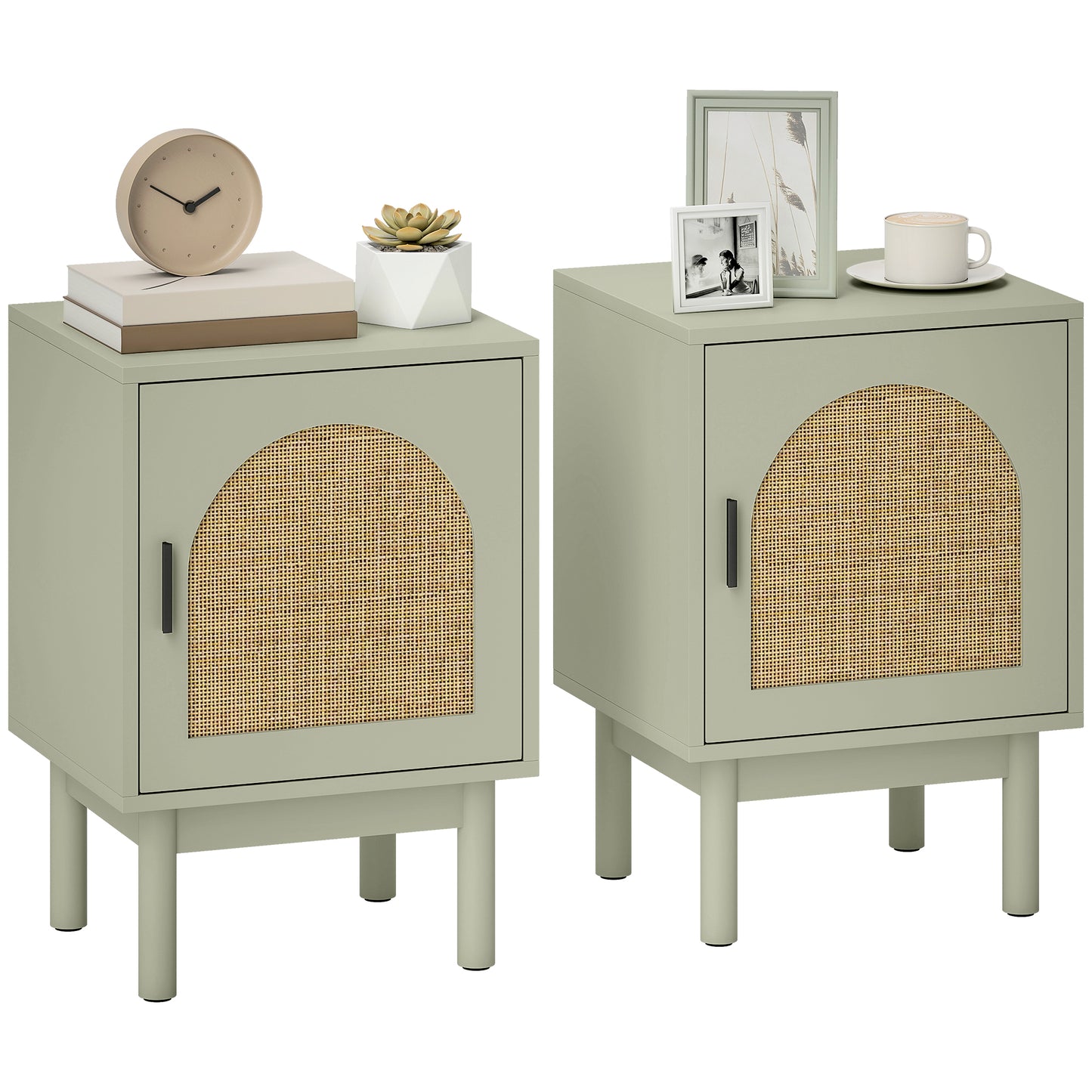 Photo of HOMCOM Set of 2 Rattan Bedside Tables, Boho Nightstands with Solid Wood Legs and Storage Cabinet for Living Room, Bedroom, Accent End Side Table, Light Green in Green colour on a white background