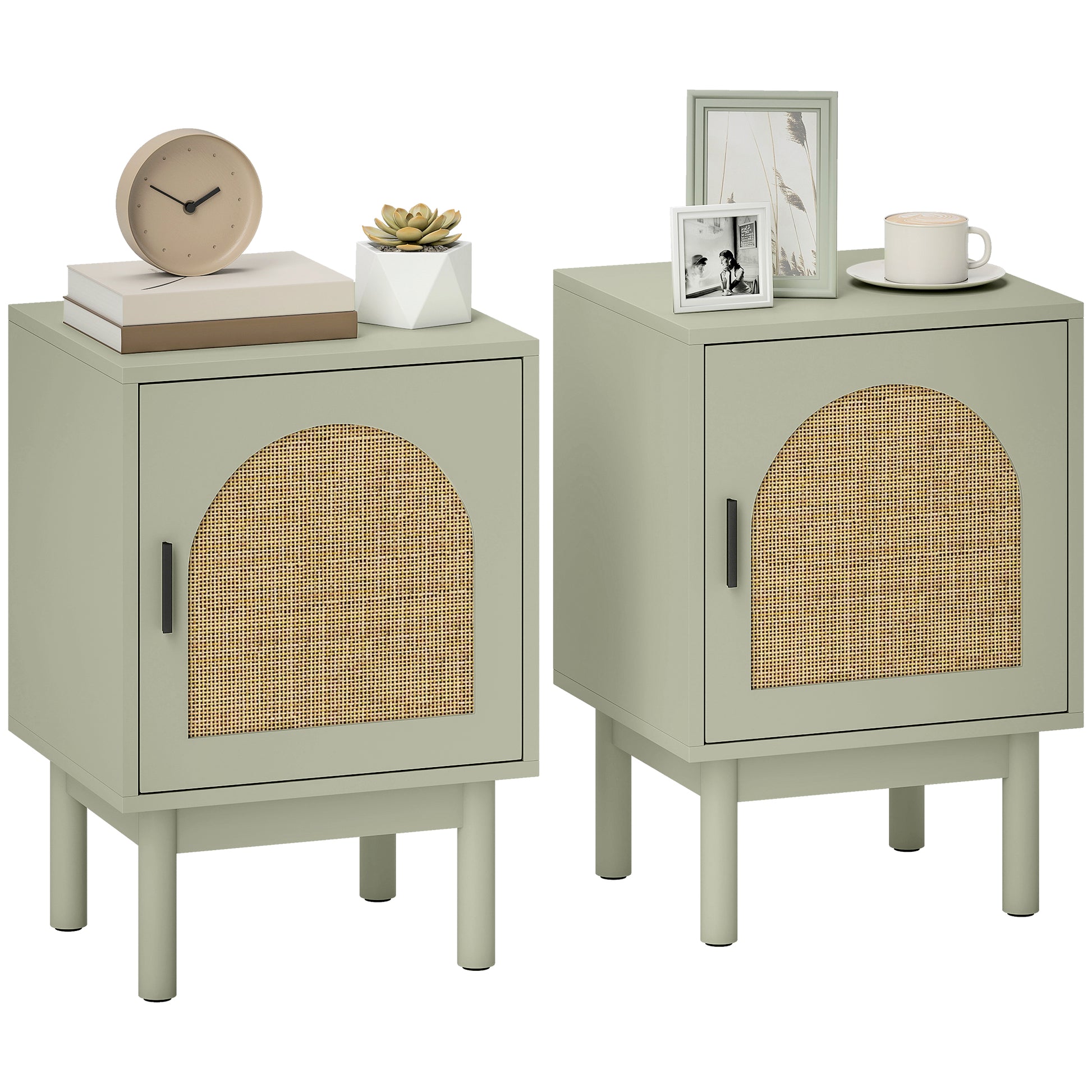 Photo of HOMCOM Set of 2 Rattan Bedside Tables, Boho Nightstands with Solid Wood Legs and Storage Cabinet for Living Room, Bedroom, Accent End Side Table, Light Green in Green colour on a white background