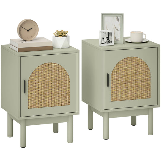Photo of HOMCOM Set of 2 Rattan Bedside Tables, Boho Nightstands with Solid Wood Legs and Storage Cabinet for Living Room, Bedroom, Accent End Side Table, Light Green in Green colour on a white background