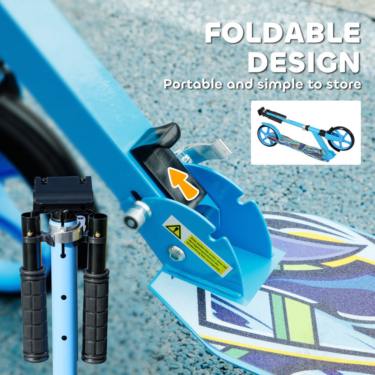 Blue scooter folding joint and release lever, with folded scooter inset.