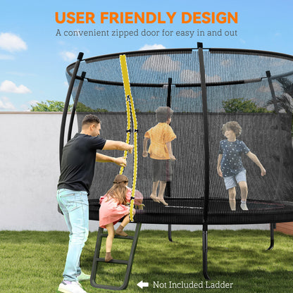 Trampoline with yellow zippered enclosure entry shown alongside a separate access ladder