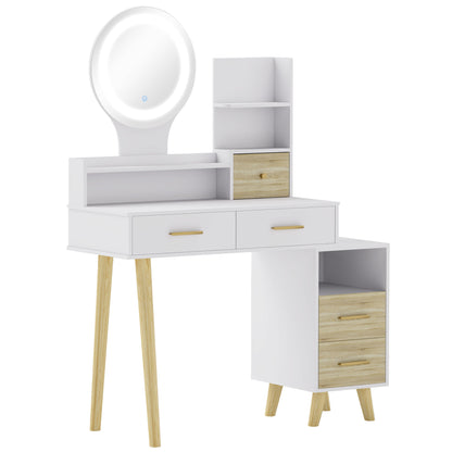 HOMCOM white dressing table with round LED mirror, two drawers, shelves and wood-grain storage