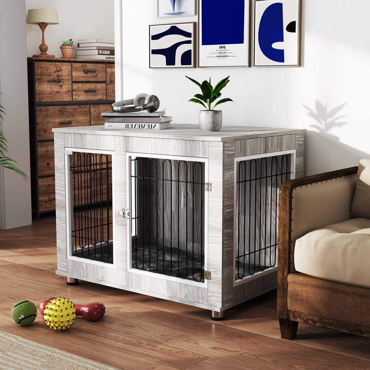 PawHut Dog Crate Furniture, Dog Cage End Table. with Soft Cushion, Double Door, for Large Dogs, Grey