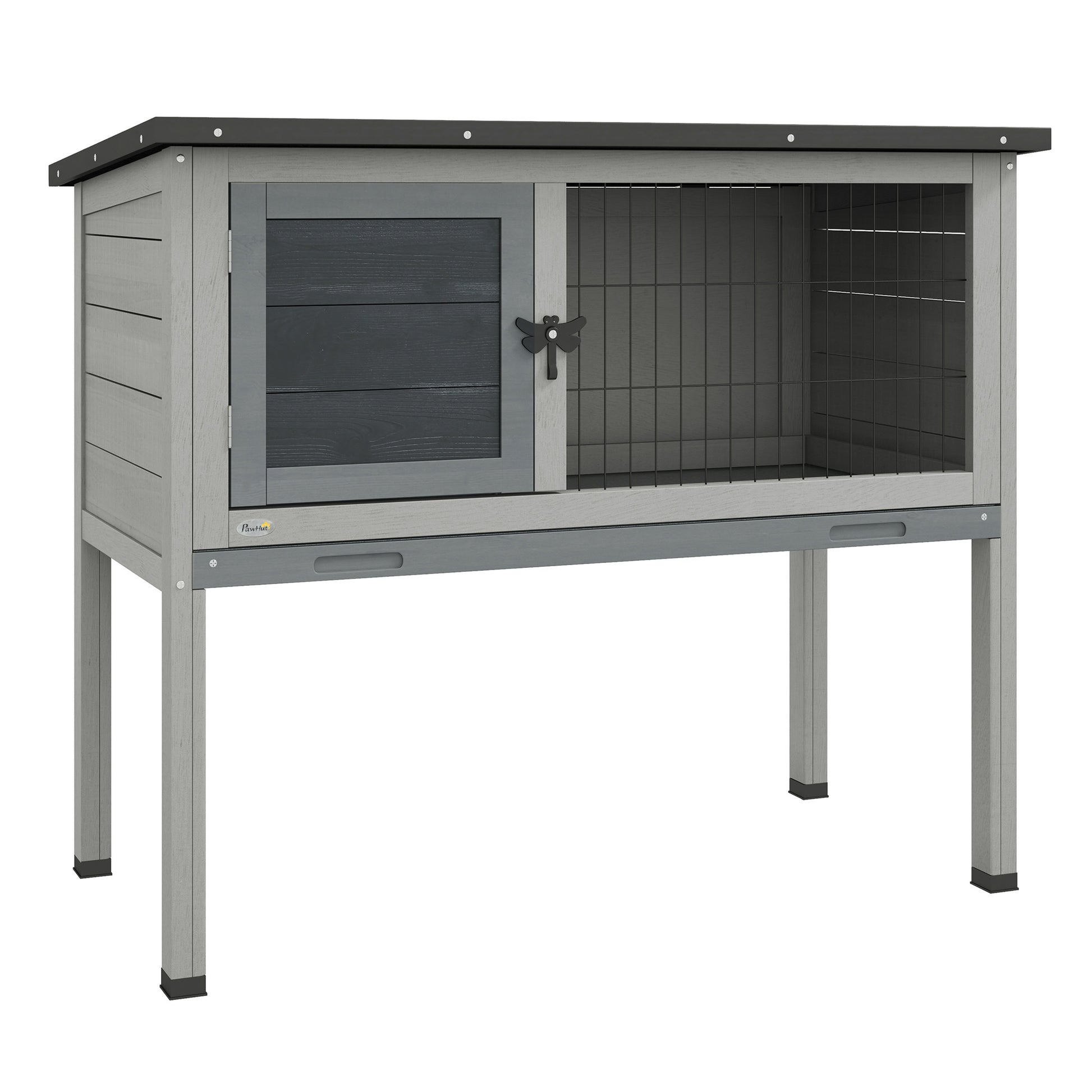 Photo of PawHut Wooden Guinea Pig Hutch, Small Animal Cage with Slide-out Tray, Openable Asphalt Roof, 84 x 43 x 70cm, Grey in Grey colour on a white background