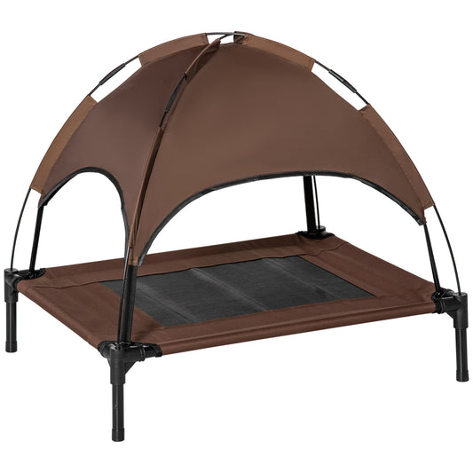 Photo of PawHut Outdoor Dog Bed with Removable Canopy, Portable Raised Dog Bed for Camping, Garden & Beach, Water-Resistant UV-Protection Mesh Pet Cot Sun Lounger, for Medium Pets, 76 x 61 x 73 cm, Brown in Brown colour on a white background